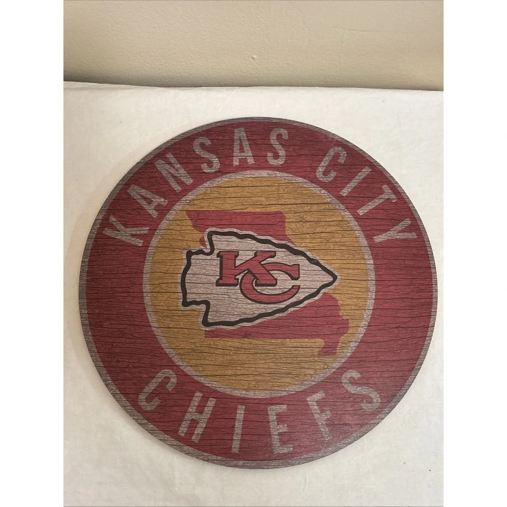 NFL Kansas City Chiefs 12 Inch Round State Wood Sign Wall Decor Football MO